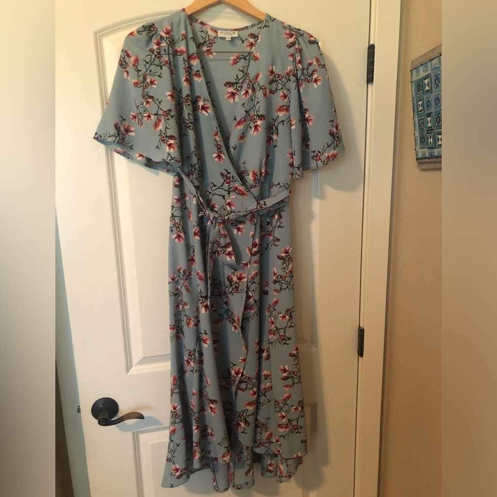 Light Blue Wrap Dress With Pink Flowers